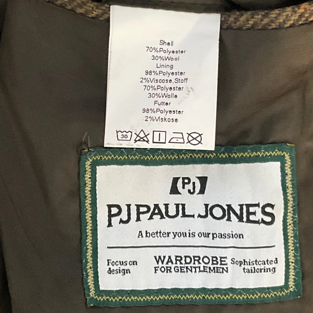 PJ Paul Jones Mens Tweed Plaid Wool Blend Blazer Elbow Patch Brown Size S Jacket